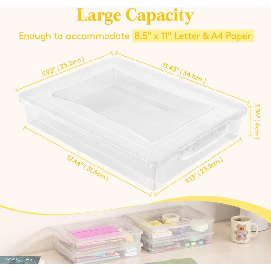 Norcho 4 Pack Paper Organizer Storage Boxes, 12 x 9 inch Multi-Purpose Clear Plastic File Box with Latching Lids for A4, 8.5" x 11" Letter Size Documents, Scrapbook, Magazine & Art Supplies