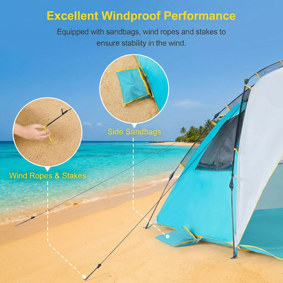 Norcho 4-5 Person Beach Tent UPF 50+ Portable Shade Canopy with Extended Porch, Ventilated Windproof, Blue