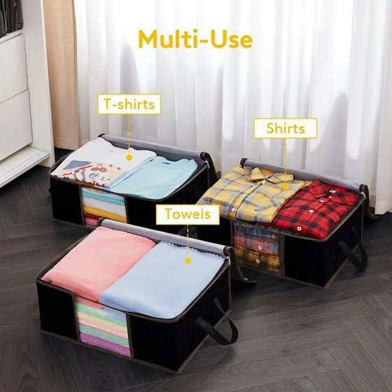 Norcho 3 Pack Clothes Storage Bag Foldable Bin with Reinforced Handle, Clear Window, Sturdy Fabric for Clothing Bedding, Black