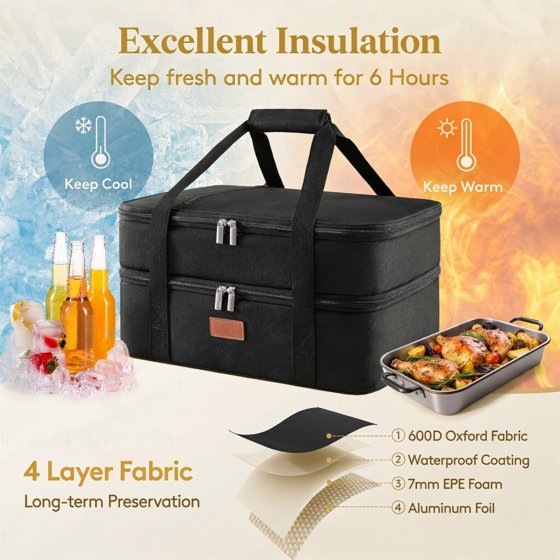 Norcho Insulated Double Decker Casserole Carrier, Lasagna Tote Bag for Hot or Cold Food, Fits 9" x 13" Baking Dish, Black