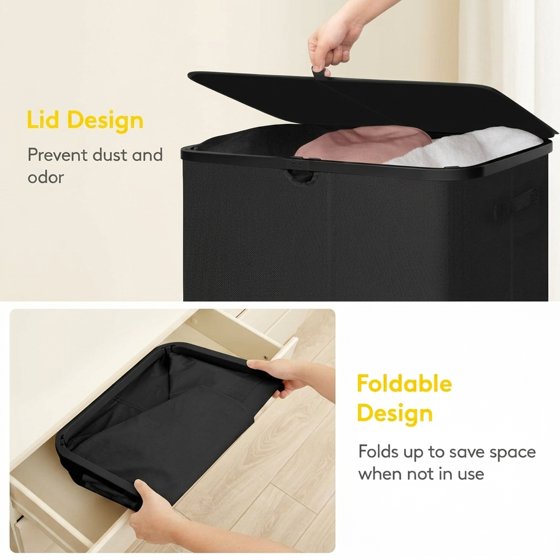 Norcho 185L 3-Section Laundry Hamper with Lid, Bamboo Handles Removable Bags Foldable Basket, Black