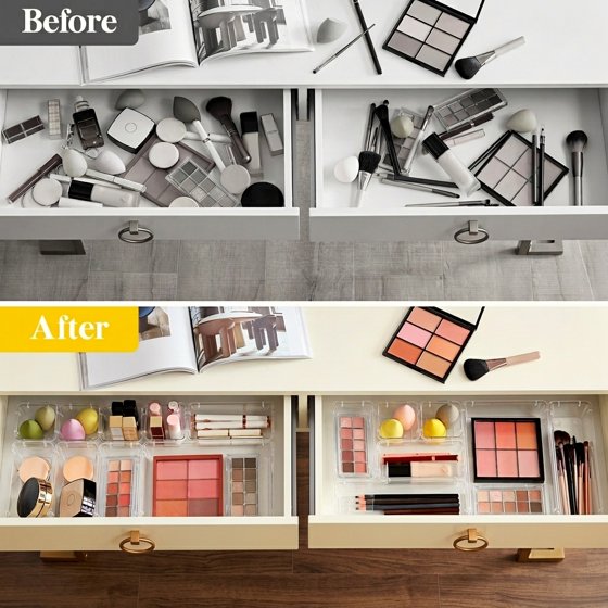 Norcho 16 PCS Clear Plastic Drawer Organizer Set, Desk Dividers Trays, Storage Bins for Makeup Jewelry Gadgets, Bedroom Bathroom Office