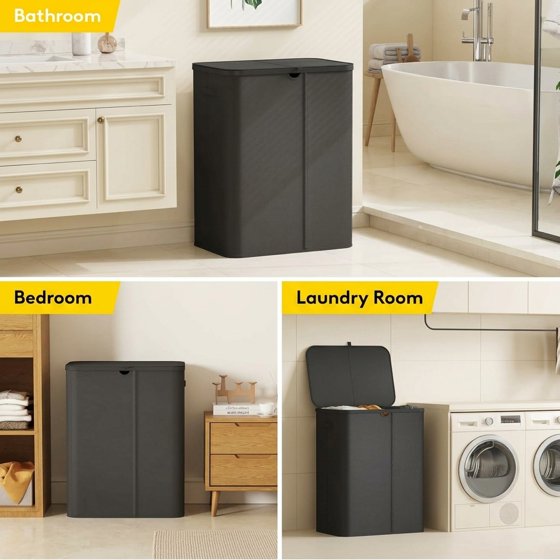 Norcho 185L 3-Section Laundry Hamper with Lid, Bamboo Handles Removable Bags Foldable Basket, Black