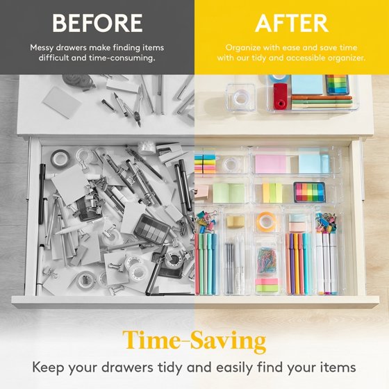 Norcho 25 PCS Clear Plastic Drawer Organizer Set, Desk Dividers Trays, Storage Bins for Makeup Jewelry Gadgets, Bedroom Bathroom Office
