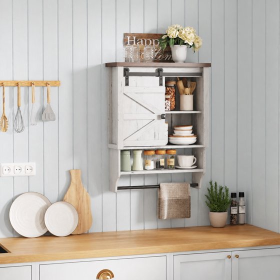Norcho Farmhouse Bathroom Wall Cabinet with Sliding Barn Door, Medicine Cabinet with Adjustable Shelf and Towel Hook, Wall Mounted Storage Cabinet for Bathroom, Kitchen, Laundry Room