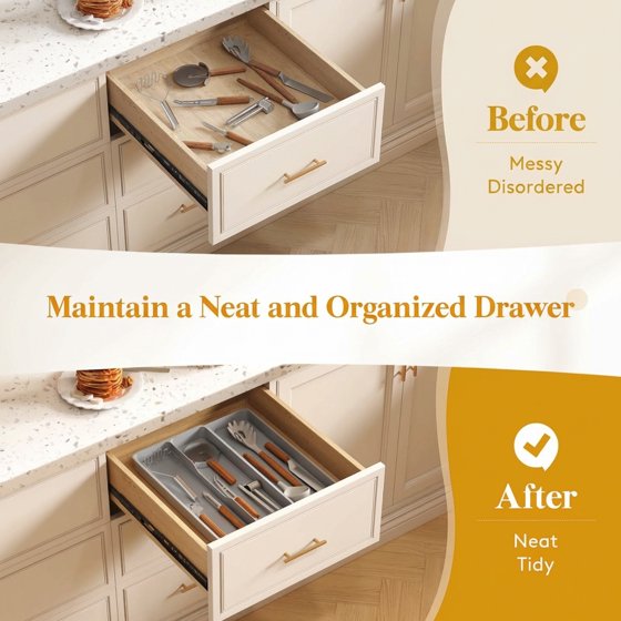 Norcho Utensil Organizer for Kitchen Drawer, Expandable Cooking Silverware Tray, Adjustable Plastic Cutlery and Flatware Holder, Spatula and Tool Storage Divider, 14.4 × 15.8 Inches, Gray