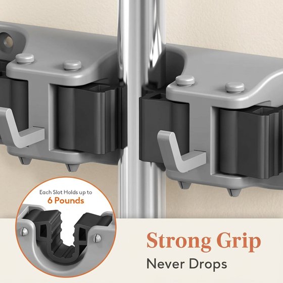 Norcho Wall Mount Mop Broom Holder, Anti-Slip Hanger 5 Slots 6 Hooks Holds 30lbs, Garage Closet Kitchen, Gray 1 Pack
