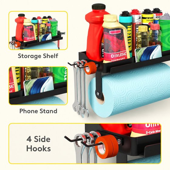 Norcho Garage Paper Towel Holder with Shelf, Wall Mount Shop Towel Holder Rack with 4 Hooks and Phone Stand, Adhesive or Screw Mount for Clean Station, Craft Room, Workshop