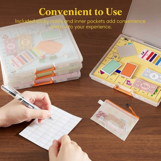 Norcho 3" x 12.2" Paper Storage Boxes with Secure Latch, Plastic Portable Organizer with Handle and Labels, 4-Pack for Files, Documents, Crafts, Puzzles, Cards, and Art Supplies