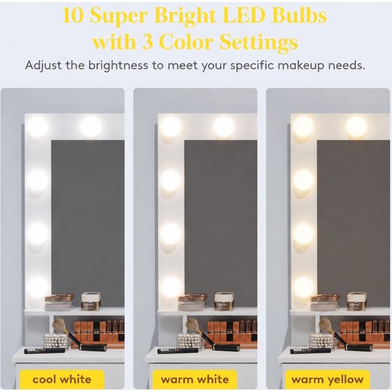 Norcho Vanity with Mirror and Lights, Adjustable Color & Brightness, White Makeup Desk with 2 Drawers and Stool for Bedroom, Bathroom & Makeup Room