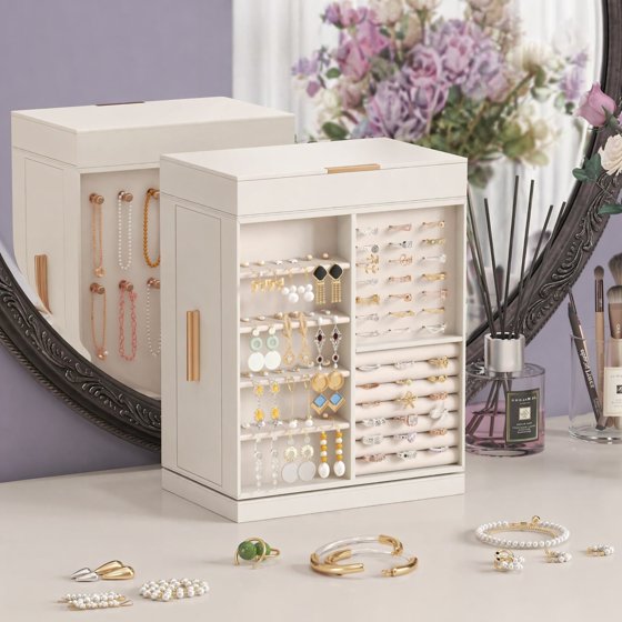 360° Rotating Jewelry Box with Mirror, Top Magnetic Storage Box Jewelry Organizer Case for Rings, Necklaces, Earrings, Bracelets, Mother’s Day Gift Idea