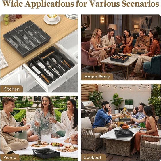 Norcho Silverware Organizer with Lid, Covered Utensil Tray for Kitchen Drawer and Countertop, 12.6 x 11.8", Plastic Cutlery and Flatware Holder, Black