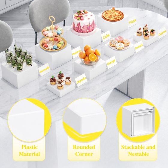Norcho Plastic Buffet Risers Set of 8, White Food Display Stands for Buffet Table, 6" 7" 7.8" 8.3" Nesting Cube Dessert Cake Holders for Party, Jewelry and Collectibles Display