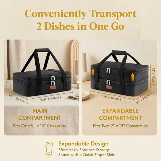 Norcho Insulated Double Decker Casserole Carrier, Expandable Lasagna Tote Bag for Hot or Cold Food, Fits 9" x 13" Baking Dish, Black