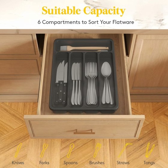 Norcho Silverware Organizer with Lid, Covered Utensil Tray for Kitchen Drawer and Countertop, Plastic Cutlery and Flatware Holder, Black