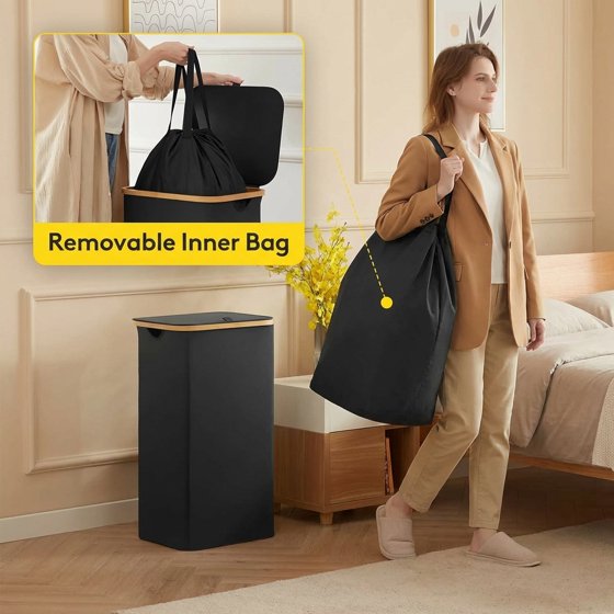 Norcho 100L Laundry Basket with Lid, Large Foldable Laundry Hamper with Bamboo Handles and Removable Bag, Black