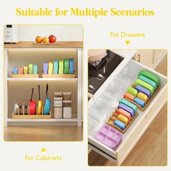 Norcho Bamboo Lid Organizer for Cabinet, Adjustable Food Storage Container Lid Holder with 5 Inserts and 6 Compartments, 13.2" x 10" for Kitchen Pantry Organization