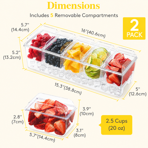 Norcho 2-Pack Ice Chilled Condiment Caddy 5 Containers, Condiment Server with Lid, Serving Tray Platter with Removable Dishes for Bar, Fruit, Salad, Taco Party & Garnishes