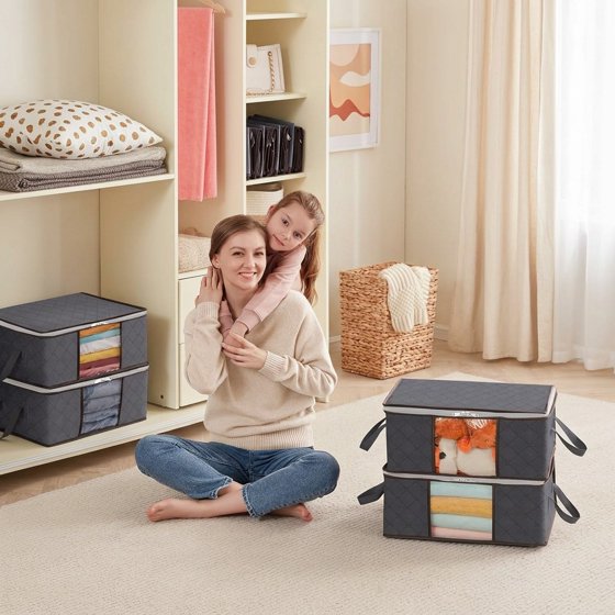 Norcho 6 Pack Clothes Storage Bag Foldable Bin with Reinforced Handle, Clear Window, Sturdy Fabric for Clothing Bedding, Gray
