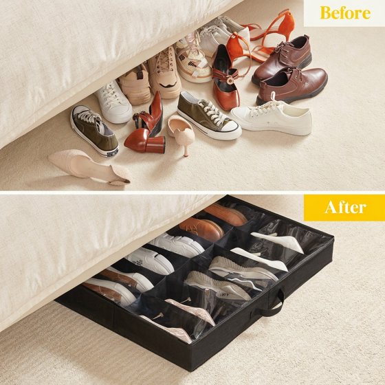 Norcho Under Bed Shoe Organizer Set of 2, 4.3" Tall Fabric Container with Clear Cover Fits 24 Pairs, Black