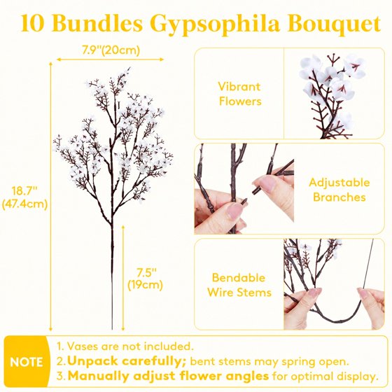 Norcho Baby’s Breath Artificial Flowers, 10 Bundles Silk Gypsophila Faux Stems for Wedding Bouquets, Home Decor, Centerpieces, DIY, Farmhouse/Party, White