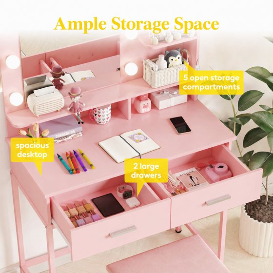 Norcho Vanity Desk Set with Mirror and Lights, Makeup Dressing Table with 2 Drawers & Chair, 3 Lighting Modes Adjustable Brightness, Wooden Top & Iron Frame for Bedroom, Pink