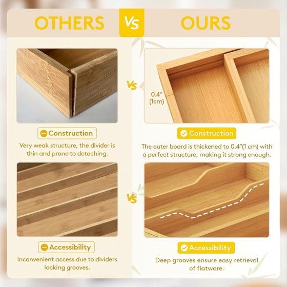 Norcho Expandable Bamboo Utensil Organizer Tray, Adjustable Cutlery and Flatware Holder for Kitchen Drawer, 8.9–15.8 x 15.75"