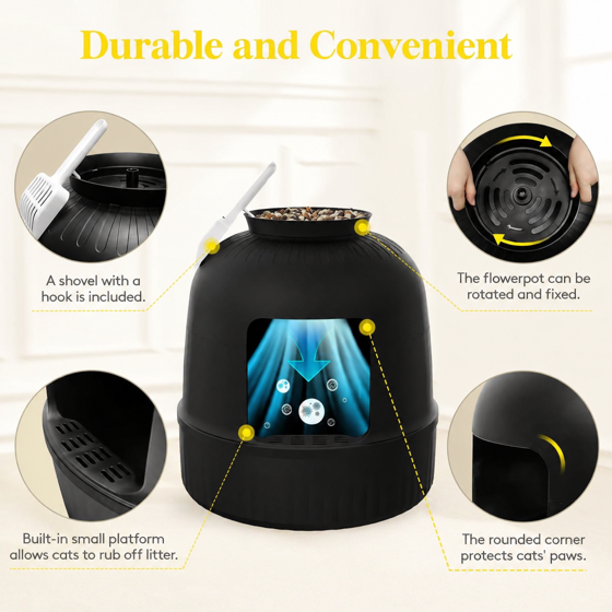 Cat Litter Box with Lid, Corner Cat Litter Box Enclosure, Hidden Cat Litter Box Plant, Black