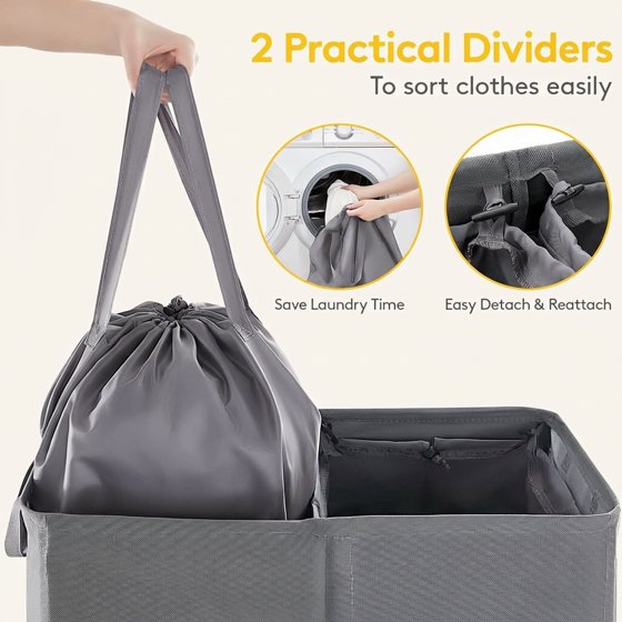 Norcho 160L Double Laundry Hamper with Lid, Divided Laundry Basket with Removable Bags and Handles, Large Separated Clothes Basket, Gray