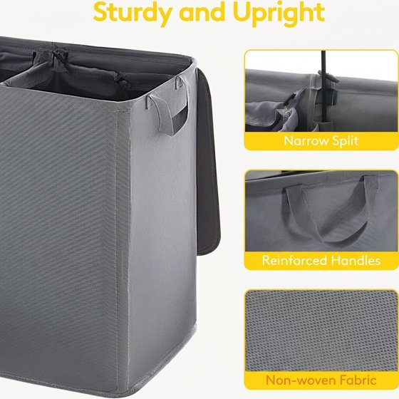 Norcho Double Laundry Hamper with Lid, Divided Laundry Basket with Removable Bags and Handles, Large Separated Clothes Basket, Gray