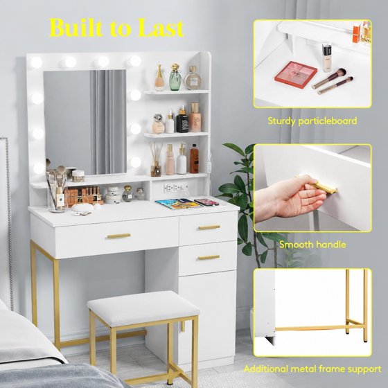 Norcho Vanity with Mirror and Light, 2 Power Outlets & 2 USB Ports, Adjustable Color & Brightness, Makeup Desk with 4 Drawers and Stool for Bedroom, Bathroom & Makeup Room