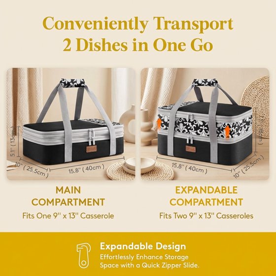 Norcho Insulated Double Decker Casserole Carrier, Expandable Lasagna Tote Bag for Hot or Cold Food, Fits 9" x 13" Baking Dish, Black-Flowers