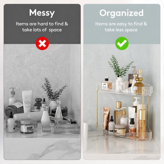Norcho 2-Tier Corner Bathroom Counter Organizer, Plastic Makeup & Skincare Storage Shelf, Large Countertop Cosmetic & Perfume Organizer for Bathroom, Bedroom, Kitchen & Vanity, Clear
