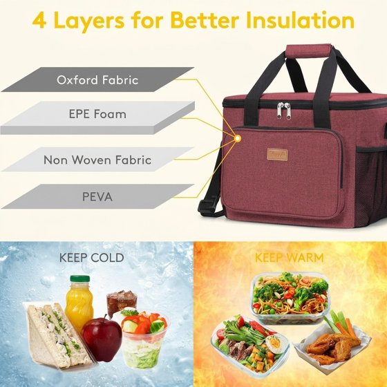 Norcho Large Insulated Lunch Bag Soft Cooler Tote for Adults, Burgundy 40-Can 24L