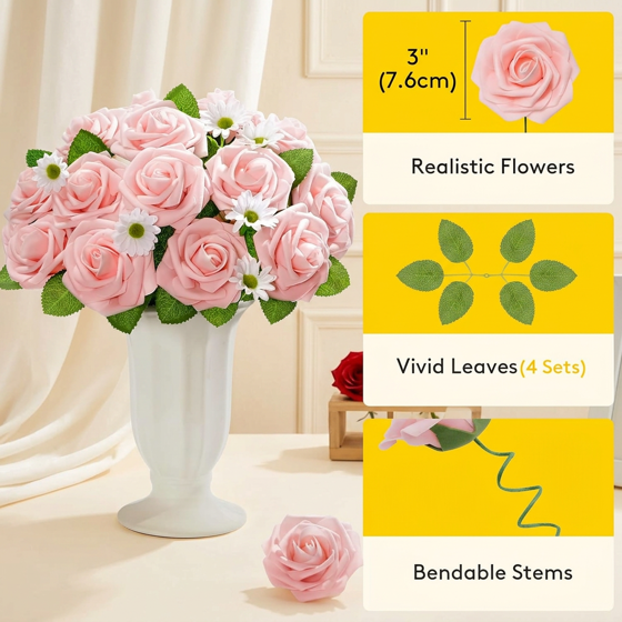 Norcho 25 Pcs Blush Foam Roses Artificial Flowers Stems, Real Looking Fake for DIY Wedding Bouquets Centerpieces Valentine Decor