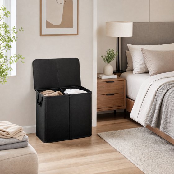 Norcho Double Laundry Hamper with Lid, Divided Laundry Basket with Removable Bags and Handles, Large Separated Clothes Basket, Black