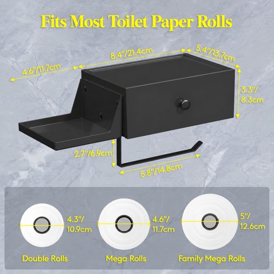 Norcho Toilet Paper Holder with Shelf and Drawer, Wall Mounted Tissue Roll Storage with Adhesive or Screw Installation, Dustproof Bathroom Wipes Dispenser Organizer
