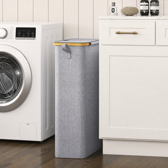 Norcho 65L Slim Laundry Hamper with Lid, Narrow Collapsible Laundry Basket with Removable Bag and Bamboo Handles, Light Gray