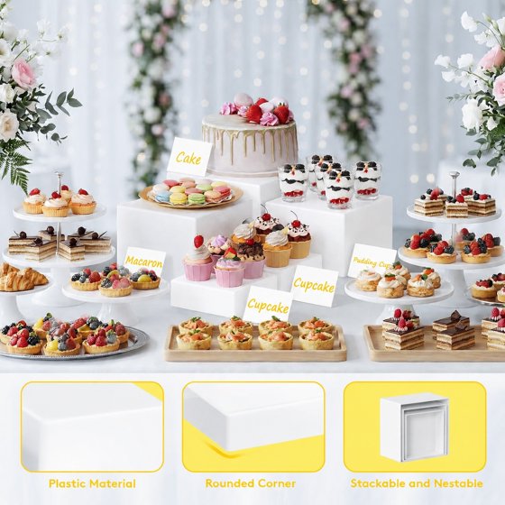 Norcho Plastic Buffet Risers Set of 5, White Food Display Stands for Buffet Table, 6",6",7.8",8.3",10" Nesting Cube Dessert Cake Holders for Party, Jewelry and Collectibles Display