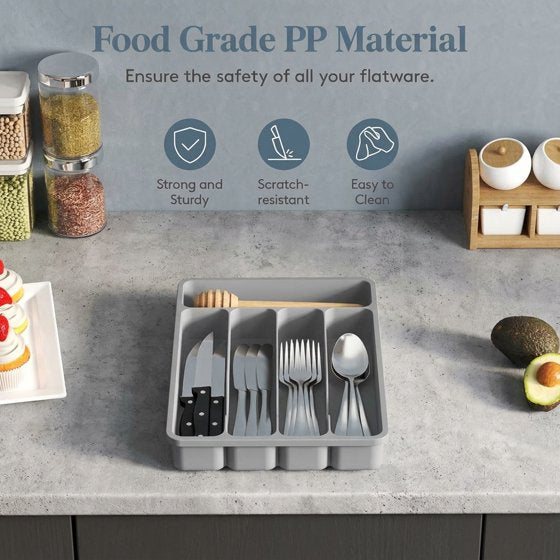 Norcho Silverware Drawer Organizer Tray, Plastic Cutlery and Utensil Holder Divider for Spoons, Forks, Knives and Tableware, 5 Slots, 9.1 x 12.6 Inch, Gray