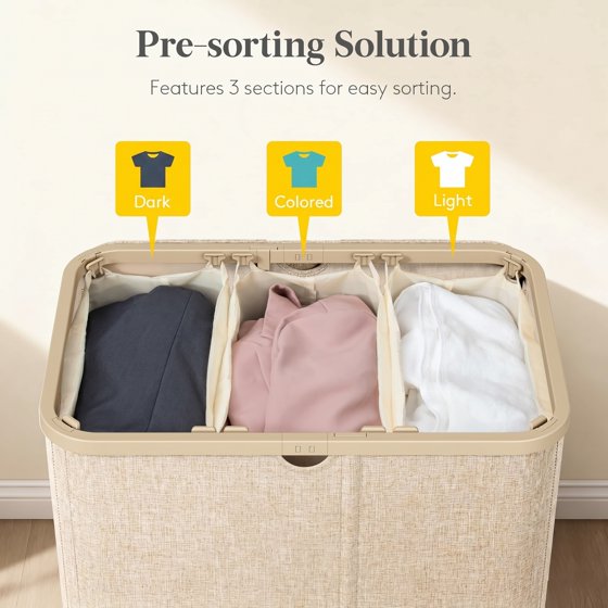Norcho 185L 3-Section Laundry Hamper with Lid, Bamboo Handles Removable Bags Foldable Basket, Beige