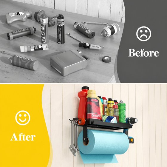 Norcho Garage Paper Towel Holder with Shelf, Wall Mount Shop Towel Holder Rack with 4 Hooks and Phone Stand, Adhesive or Screw Mount for Clean Station, Craft Room, Workshop
