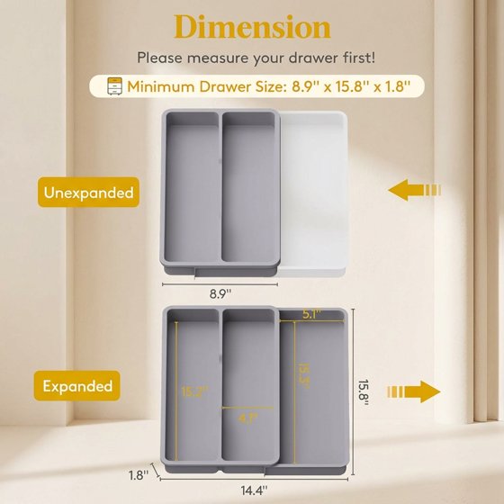 Norcho Utensil Organizer for Kitchen Drawer, Expandable Cooking Silverware Tray, Adjustable Plastic Cutlery and Flatware Holder, Spatula and Tool Storage Divider, 14.4 × 15.8 Inches, Gray