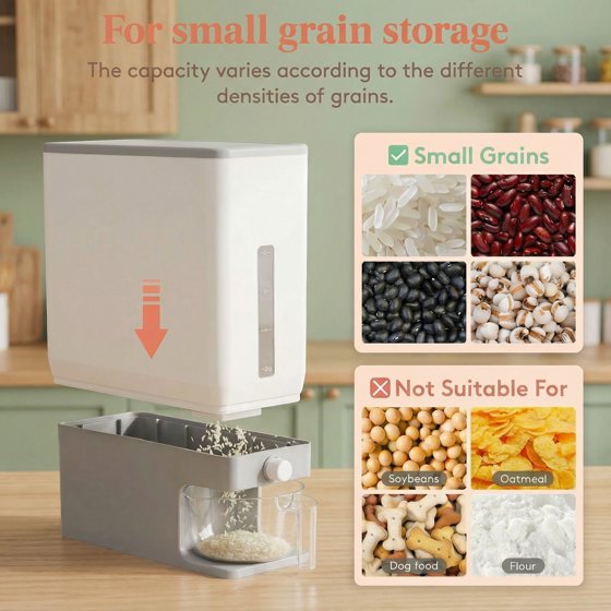 Norcho Rice Dispenser, 25 lb (11.3 kg) Sealed Rice Storage Container with Measuring Cup, Moisture Proof, Kitchen Pantry, Gray