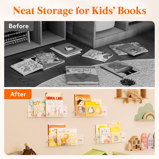 Magazine Rack Wall Mounted 6 Pack, 15" Clear Acrylic Nursery Bookshelf, Kids Floating Shelves Picture Display Racks for Baby, Toddler, Children Bedroom Living Room Decor, Mother’s Day Gift Idea