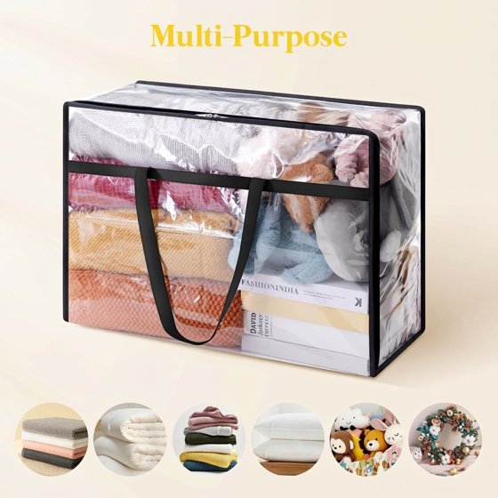 Norcho Clear Clothes Storage Bags, 4 Pack 60L Vinyl Blanket Storage Containers with Zipper, Foldable Closet Organizer for Bedding, Duvet, Comforter