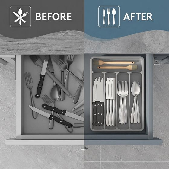Norcho Silverware Drawer Organizer Tray, Plastic Cutlery and Utensil Holder Divider for Spoons, Forks, Knives and Tableware, 5 Slots, 9.1 x 12.6 Inch, Gray