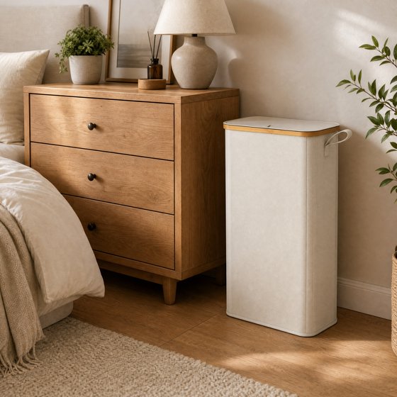 Norcho 65L Slim Laundry Hamper with Lid, Narrow Collapsible Laundry Basket with Removable Bag and Bamboo Handles, White
