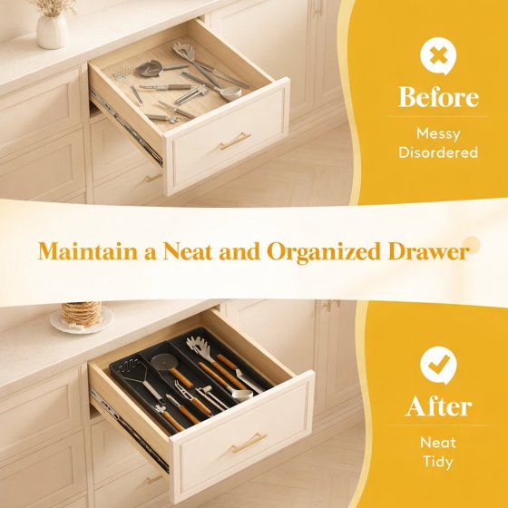 Norcho Utensil Organizer for Kitchen Drawer, Expandable Cooking Silverware Tray, Adjustable Plastic Cutlery and Flatware Holder, Spatula and Tool Storage Divider, 14.4 × 15.8 Inches, Black