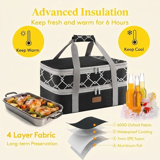Norcho Insulated Double Decker Casserole Carrier, Expandable Lasagna Tote Bag for Hot or Cold Food, Fits 9" x 13" Baking Dish, Black-Geometric